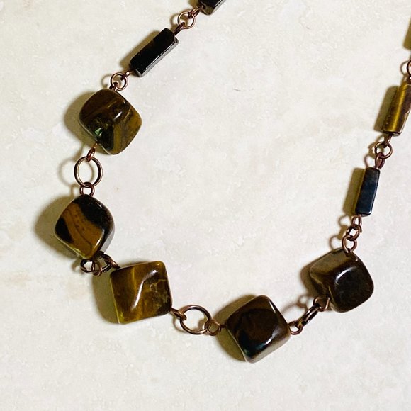 Rustic Natural Tigers Eye Necklace, Genuine Gemstone + Copper Chain - Picture 6 of 13